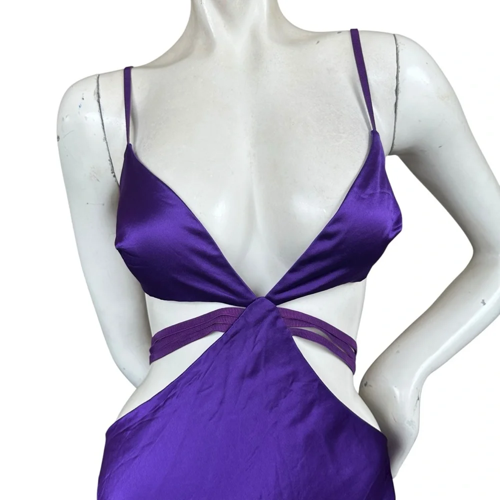 Retrofete Selma Slinky Satin Purple Cutout Low Cut Maxi Gown Size Small
